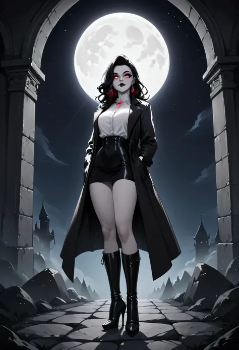 score_9, score_8_up, score_7_up, score_6_up, score_5_up, score_4_up, black and white facial illustration, 19th century style, of a female vampire in the night, exquisite beautiful female vampire, best detailed face, red glowing eyes, wearing white bottom ...