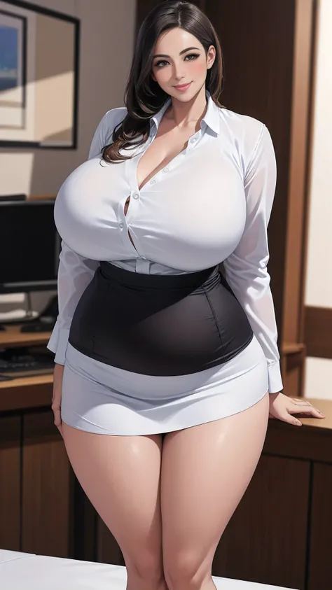 (solo:1.8),(ultimate Chubby beautiful mature doctor) ,(Form-fitting ultimate White shirt:1.8),(Form-fitting white Miniskirt:1.8),(dashed eyes:1.4),(lewd erotic:1.4),(curve), (seductive Smile: 1.8),(huge breasts:1.6),(wide hip:2.5), (white erotic lingerie...