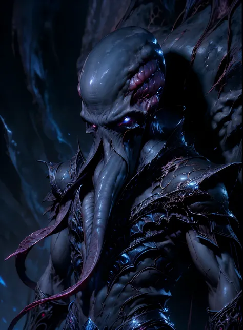 (masterpiece, realistic, best quality, (beautiful and aesthetic:1.4), highest detailed), (dark fantasy illustration:1.3), ((male mindflayer:1.2), tentacles, monster, alien, muscular), (dark blue theme:1.3), dimly lit, looking at viewer, (full shot), the em...