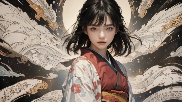 A beautiful woman. Eighteen years old. Black hair. Detailed drawing of the face. She is wearing a kimono and looking at the camera with a serious expression. An image of the eternal flow of time in the space behind her. A masterpiece.