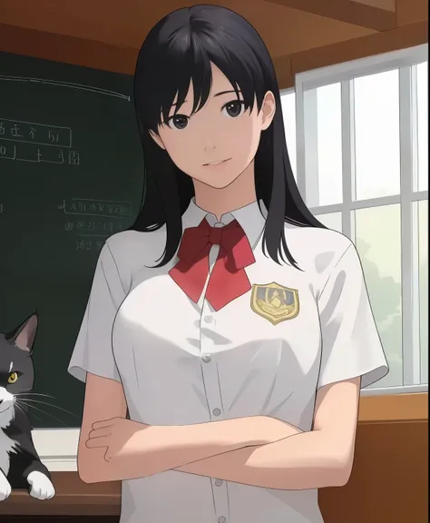 (masterpiece、 top quality 、 top quality 、 Official Art、 beautiful beautiful:1.2)、(1 person:1.3), Beautiful breasts ,((masterpiece:1.2,  top quality )), College Student 、uniform、School route、Meet the cat