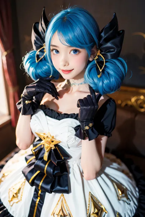 1girl in, absurderes, Black bow, Black Gloves, Black legwear, Blue eyes, Blue hair, Bow, Clarkbourne, Dress, Drill Hair, frilly dress, frilld, gloves, Gwen(League of Legends), Hair Accessories, hight resolution, League legends, Long hair, cracked lips, puf...