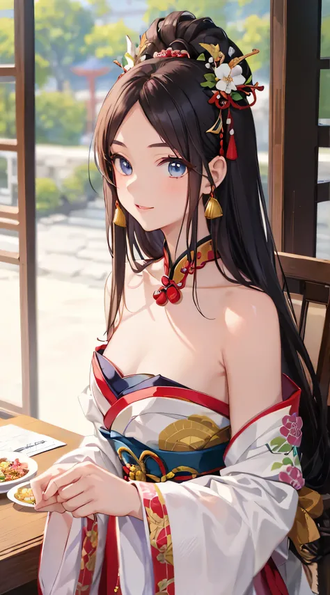 a close up of a woman in a kimono dress sitting at a table, seductive anime girl, japanese goddess, gorgeous chinese model, beautiful alluring anime woman, anime girl cosplay, anime goddess, chinese girl, palace ， a girl in hanfu, a beautiful fantasy empre...