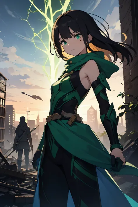 An intense anime-style post-apocalyptic scene showcasing two main characters standing amidst the ruins of a shattered futuristic city. The male protagonist, Kian, stands tall at the forefront. He has short, slightly messy dark brown hair with faint golden ...