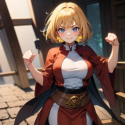 1girl, Looking at viewer, Blonde Hair, Short Hair, Large breasts, Smug, Fantasy monk, wearing brown martial artist robe, posed with fists raised in an action pose.