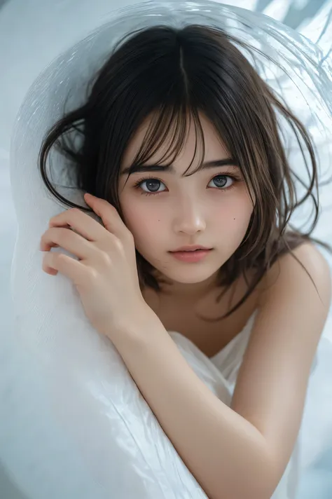 (masterpiece), (best quality:1.0), (ultra highres:1.0), portrait, 1 girl, , detailed beautiful, face focus, tomboy, skinny, very long hair, norway face, wallpaper 8k, (white colorful hair), beautiful woman, makeup, naked, full body, in a bedroom, soft ligh...