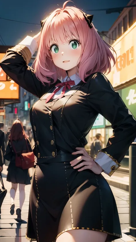 Search photos of Anya Forger, she is a character of the anime SPY X FAMILY and reimagine her as a grown up, she will wear the same classic schoolgirl outfit of the anime but with a sexier touch and a V neckline, the scenario is set in a crowded tokyo stree...