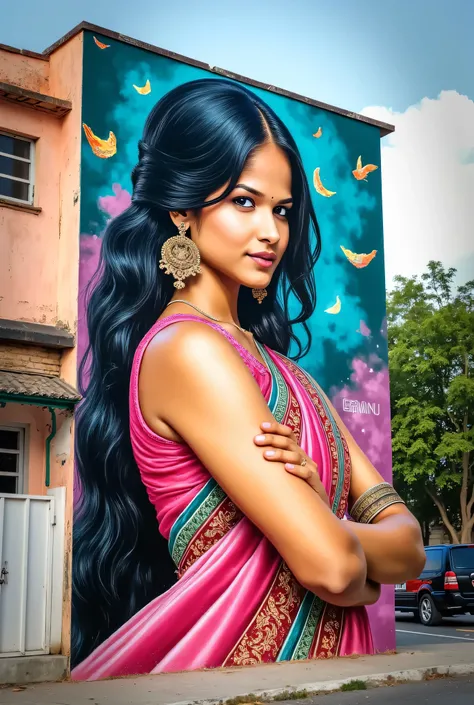 "A vibrant graffiti mural of a powerful woman painted on the side of a building wall wearing indian traditional dress, showcasing bold and expressive colors. The woman has dynamic features, with flowing hair and confident eyes, blending abstract and realis...