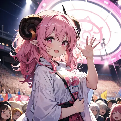 An anime-style close-up illustration of ‘Fua-chan’ excitedly waving a glowing penlight in the audience at a live concert. Fua-chan has long pink hair styled(( in soft curls resembling sheep’s horns, ))and her pink eyes sparkle with joy and excitement. She ...