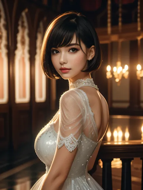 8K-quality, UHD, RAW-photo, (Photo realistic:1.5), Ultra detail, HDR, Subject is in the center of the frame, (Looking at the viewer:1.3), Absolute masterpiece,
(Elaborate see-through dress that is depicted in ultra detail), Indoors, Professional lighting, ...