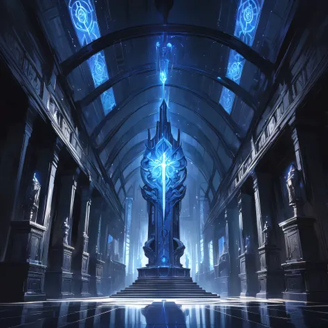 {
  "prompt": "A grand hall named Hall of Silence, the headquarters of the Afterlife Management Bureau. The atmosphere is cold and somber, illuminated by faint, ethereal blue light. The hall features towering dark stone walls engraved with ancient symbols,...