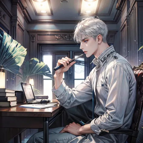 1 man, handsome,  short silver hair,  blue eyes, Side view, Sitting at a desk , Im studying ,  holding a pen , Im looking at a book.