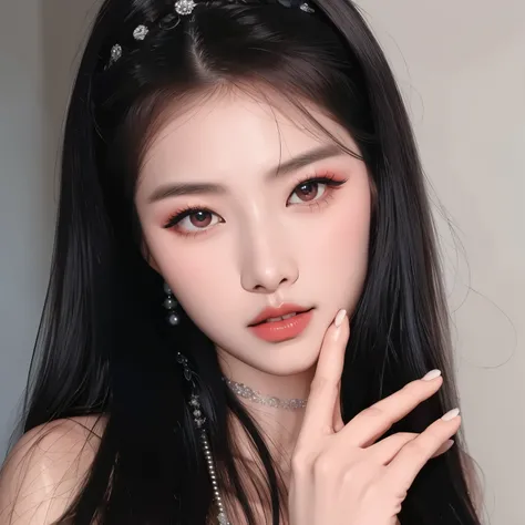 A close up of a woman with long hair wearing a necklace and choker, ulzzang, popular South Korean makeup, with long hair and piercing eyes , cruel Korean gothic girl, Young and adorable Korean face, popular Korean makeup, pale Korean adorable face, beauti...
