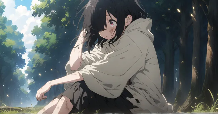 forest　 Girl with Long Black Hair　 skirt with open pupils 　Tattered and dirty white clothes　anime　 anime keyvisual, from side, hair over one eye, feet out of frame,