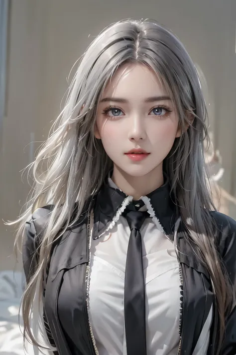 Photorealistic, high resolution, 1 Women, Solo, Waist up, Beautiful eyes, Close lips, Detailed face, White hair, Long hair, Collared shirt, black necktie,Black skirt, pencil skirts, Fur coat, Stockings