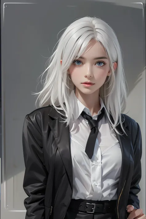 photorealistic, high resolution, 1 women, solo, hips up, beautiful eyes, white hair, ringed eyes, collared shirt, black necktie,black skirt, pencil skirt, fur coat, black stockings