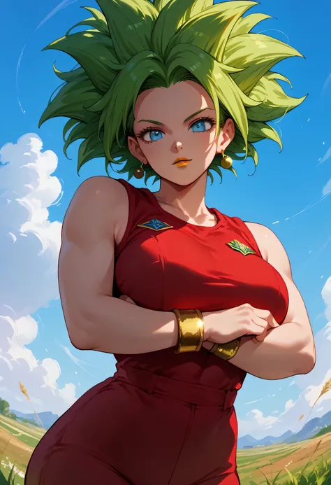 woman, green hair, big breasts, white skin, yellow lipstick, looking at viewer, blue sky, Klefa, anime style, blue eyes, golden bracelets, red outfit, combat field, big hair