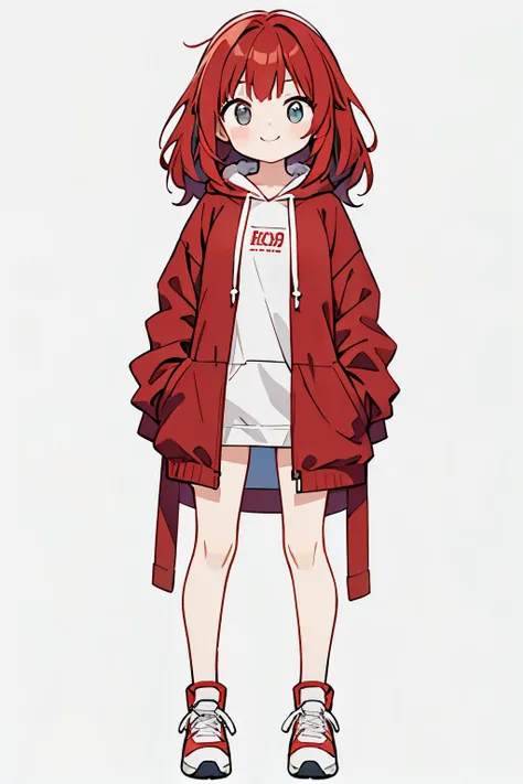  one woman、smile、 red hair、fine、comfortable clothes 、 full body 、 standing、 short、 grey hoodie、Im not wearing pants、 panties、 white background、 simple background