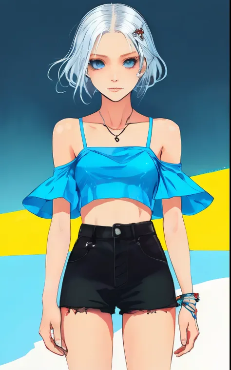  woman，Silver Hair， blue eyes， short camisole in the shape of a neon skull glass ，cropped shirt ，Off-the-shoulder ，White，，  Japanese cartoon ，illustration