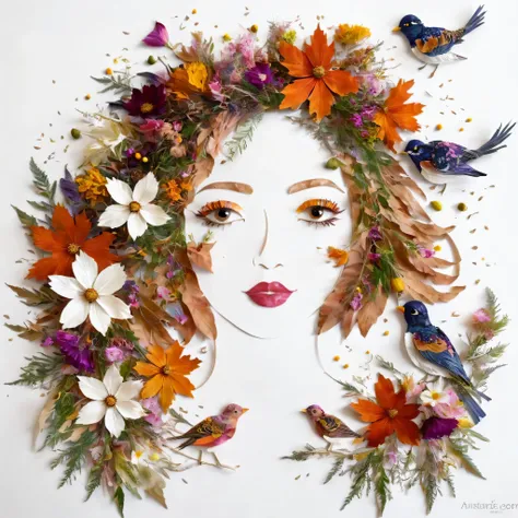 Artisanat de feuilles dautomne, Fille faite de fleurs et doiseaux, cosmos、oiseau、 portrait, fond blanc、