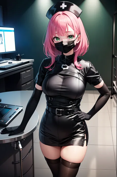 black nurse, 1woman, solo, black nurse cap, black nurse uniform, ((black legwear, zettai ryouiki)), black elbow gloves, pink hair, green eyes, drooping eyes, ((black surgical mask, covered nose)), standing, ((surgery room, dark room)), sharp outline, short...