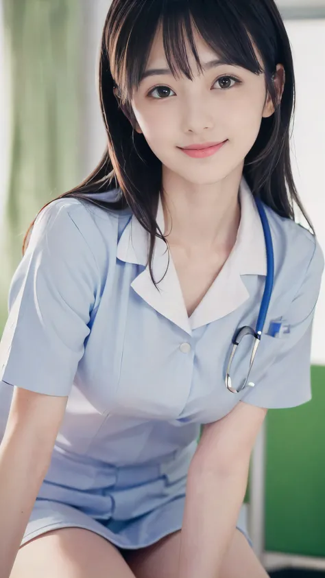 (Close-up face shot of one slender small breasts two side up black medium hair with bangs girl in a white nurse uniform:1.5)、(One nurse measuring blood pressure in the hospital room with small smile:1.5)、(blurred background:1.5)、(Natural light:1.5)、(High-k...