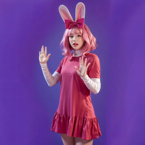 A beautiful young woman with vibrant pink hair styled in a bob cut, wearing an elegant pink dress paired with a white undershirt and bright bunny ear headband with a bow. She stands against a solid purple background, her expression curious and hands raised...