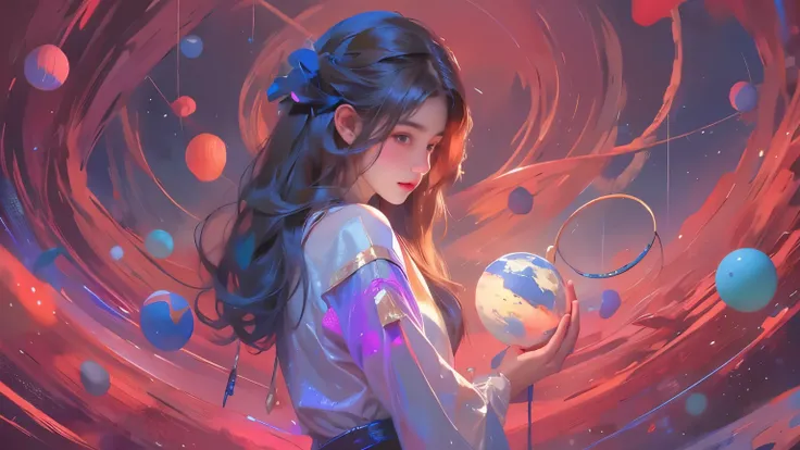 A girl holding a planet in her arms，close up，Glowing fluorescent feeling，Transparency，dream，Monets color scheme，Texture Matte，high quality，High Definition，Rose red，blue，Neon light，Space Background