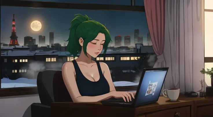 "A woman with green hair tied in a ponytail sits at a desk by a large window, typing on a laptop. She is wearing a pink tank top, and the room is warmly lit, creating a cozy yet focused atmosphere. Outside the window, a breathtaking winter cityscape is vis...