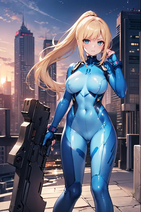 masterpiece, best quality, integrated scenery, integrated background, extremely delicate and beautiful, meticulous details, good composition, , cute face, perfect face, perfect hands,  1girl, Samus Aran (Metroid) ,solo, ponytail, blond hair, (blue_metallic...