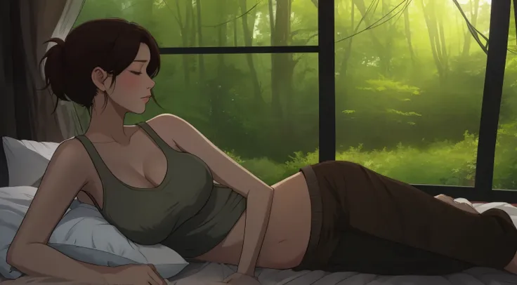 "A serene camping scene inside a triangular tent surrounded by a lush green forest. A woman lies peacefully on a cozy bed covered with soft checkered linens and a matching pillow. She is dressed in a casual gray tank top and dark brown shorts, radiating a ...