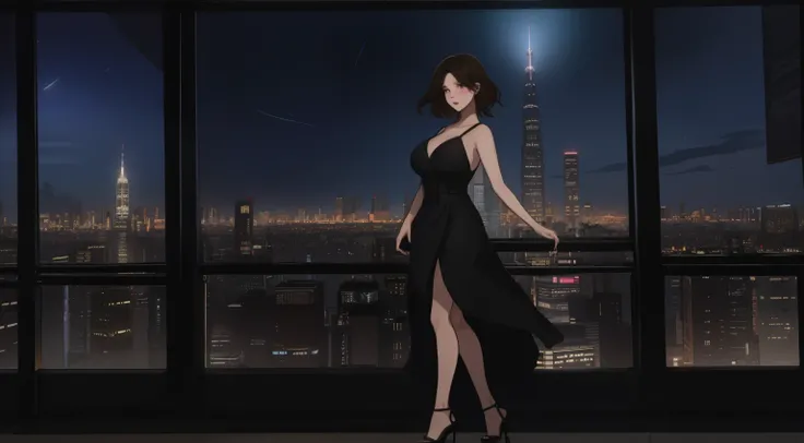 "A beautiful woman standing by a large window overlooking a futuristic city skyline during twilight. She is wearing a sleek, form-fitting light gray dress with thin straps, and her short, slightly messy brown hair complements her elegant yet casual style. ...