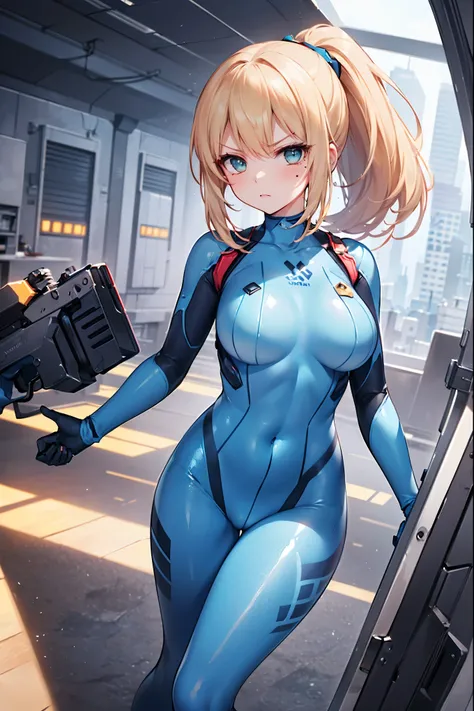 masterpiece, best quality, integrated scenery, integrated background, extremely delicate and beautiful, meticulous details, good composition, , cute face, perfect face, perfect hands,  1girl, Samus Aran (Metroid) ,solo, ponytail, blond hair, (blue_metallic...