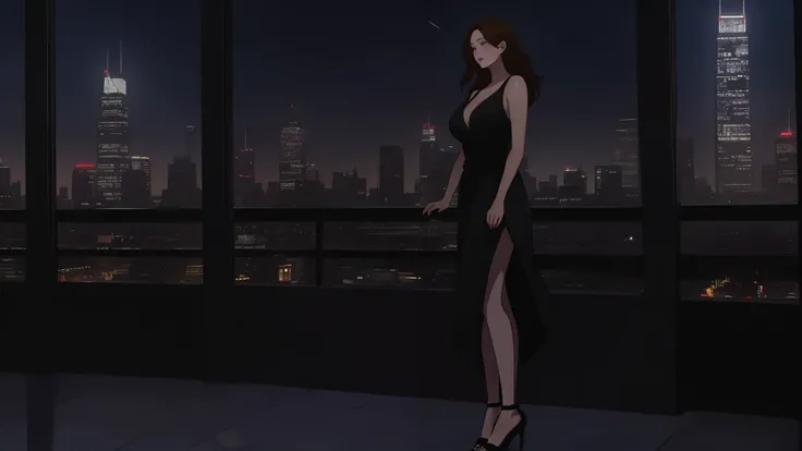 "A beautiful woman standing by a large window overlooking a futuristic city skyline during twilight. She is wearing a sleek, form-fitting light gray dress with thin straps, and her short, slightly messy brown hair complements her elegant yet casual style. ...