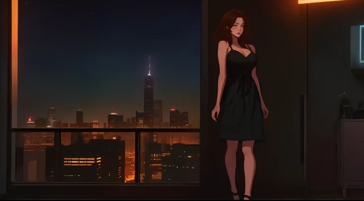 "A beautiful woman standing by a large window overlooking a futuristic city skyline during twilight. She is wearing a sleek, form-fitting light gray dress with thin straps, and her short, slightly messy brown hair complements her elegant yet casual style. ...