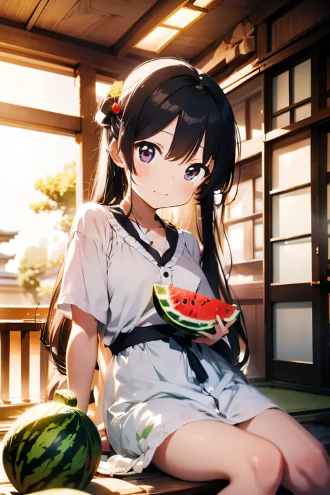 ( cute anime girl eating a watermelon)　Light summer clothing　(Sitting on the veranda of a Japanese house)　evening　 Highest Masterpieces　 top quality 　 high res　Wonderful depiction down to the smallest detail 　4K