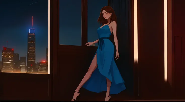 "A beautiful woman standing by a large window overlooking a futuristic city skyline during twilight. She is wearing a sleek, form-fitting blue dress with thin straps, and her short, slightly messy brown hair complements her elegant yet casual style. Her po...