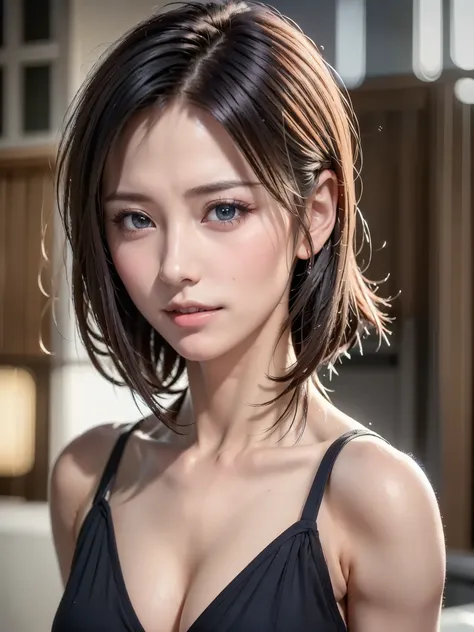 (masutepiece:1.3), (8K, Photorealistic, Raw photo, Best Quality: 1.4), (1girl in), Beautiful face, (Realistic face), (Black hair, Short hair:1.3), bikini of, Beautiful hairstyle, Realistic eyes, Beautiful detailed eyes, (Realistic skin), Beautiful skin, (N...