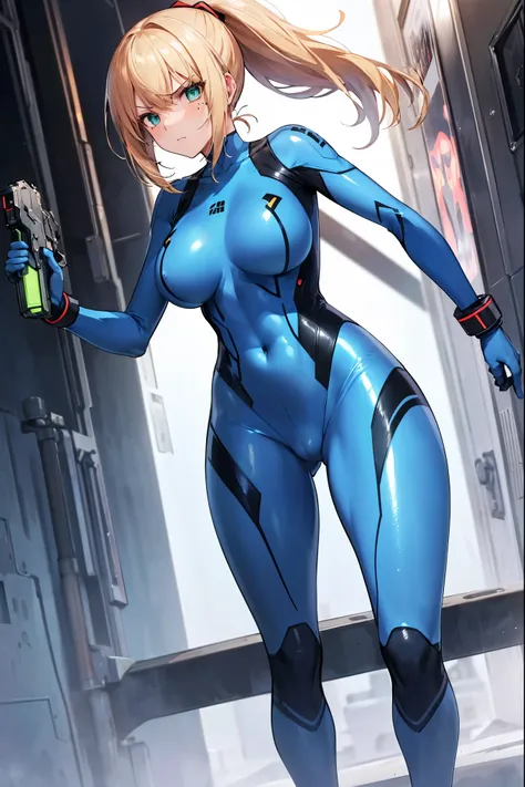 masterpiece, best quality, integrated scenery, integrated background, extremely delicate and beautiful, meticulous details, good composition, , cute face, perfect face, perfect hands,  1girl, Samus Aran (Metroid) ,solo, ponytail, blond hair, (blue_metallic...