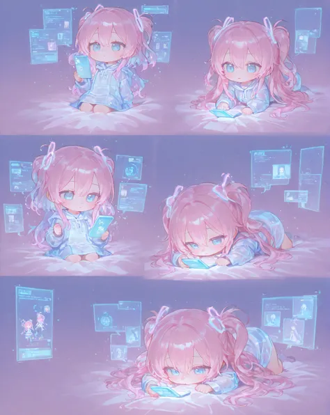 masterpiece,  top quality,  748 cm room. Super Deformed,  cute , girl, pink wave hair,  light blue eyes , light 미소, Hologram, cell phone, apps, AI, light 