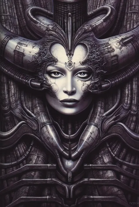 Giger artwork is a piece of artwork featuring intricate and surrealistic designs, with a central figure that appears to be a humanoid face surrounded by mechanical and organic elements. The overall style is reminiscent of the work of H.R. Giger, known for ...
