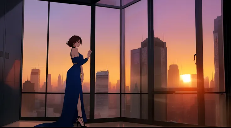 "A beautiful woman standing by a large window overlooking a futuristic city skyline during a serene sunset. She is wearing a sleek, form-fitting blue dress with thin straps, and her short, slightly messy brown hair complements her elegant yet casual style....