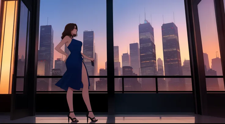 "A beautiful woman standing by a large window overlooking a futuristic city skyline during a serene sunset. She is wearing a sleek, form-fitting blue dress with thin straps, and her short, slightly messy brown hair complements her elegant yet casual style....