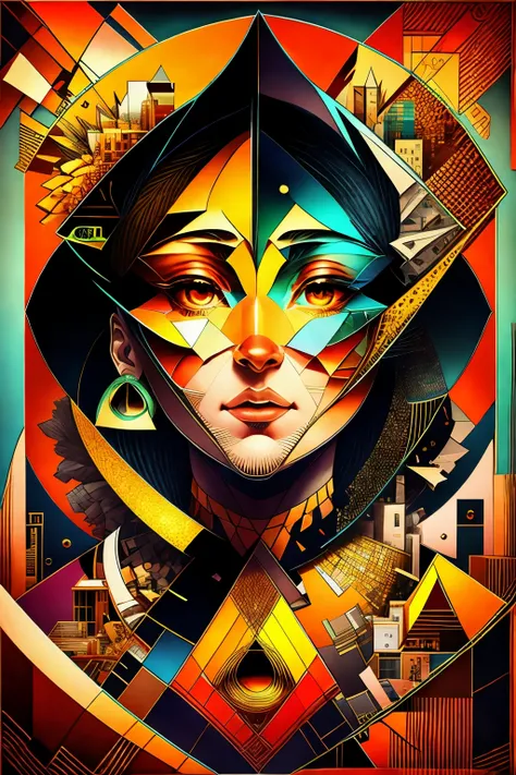 Fractured Visage This abstract portrait fractures the face into a myriad of geometric shapes. The sharp planes slice the visage into triangles, rectangles and parallelograms that overlap in a disjointed symmetry. One eye peeks out from an angled shard whil...