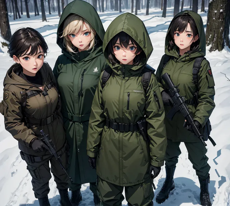 Three female soldiers in dark green hooded military coats、hooded pullover 、Winter gloves 、Tactical shoulder strap、Magazine Pouch、Military Pants、 snowy military camp ， Write details 、masterpiece、  Best Quality  、High precision CG  、 8K Picture Quality