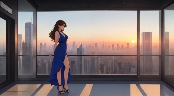 "A beautiful woman standing by a large window overlooking a futuristic city skyline during a serene sunset. She is wearing a sleek, form-fitting blue dress with thin straps, and her short, slightly messy brown hair complements her elegant yet casual style....