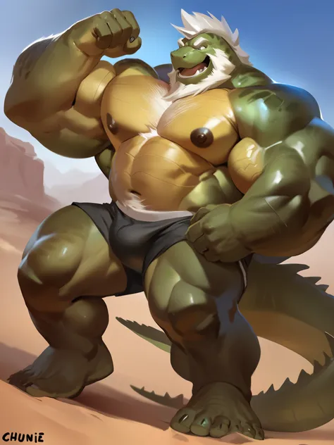 cursedmarked,darkgem, lindong, taran fiddler, zoroj, chunie, solo, 1boy, huge muscular furry (green lizard), old man, shorts, desert, huge shoulder muscle, nipples, shirtless, muscle, strong man, huge muscle, short hair, bearded, white hair and beard, wrin...