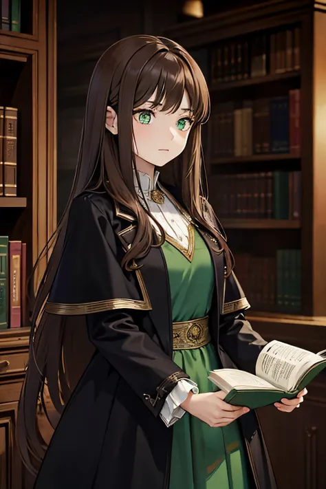 brown haired woman,  long hair,  emerald green eyes ,  serious expression ,  holding a book ,  elegant clothes, purple dress,  black coat , In a library doing magic, adult