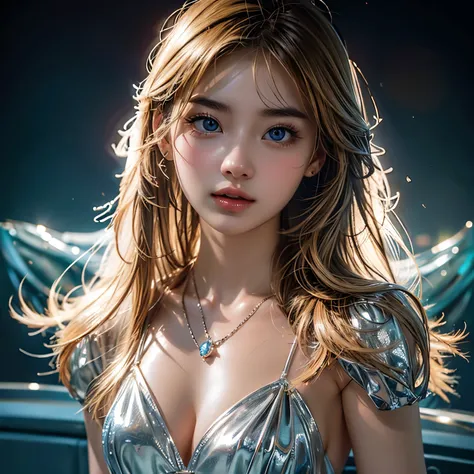 masterpiece, top quality , 8k,  Photorealistic ,  high res,  1 girl, Alone, ( detail face ),  blondes, Transcendental Beautiful Girl , gem、 princess, glowing skin,A super cute bib in shiny metal that is perfectly shaped to the shape of the chest and is mad...