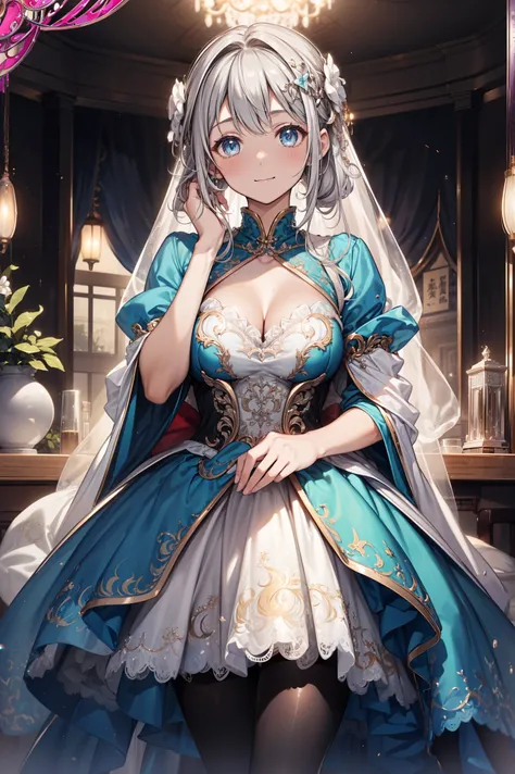 ( Best Quality ,4K,8K, high-resolution ,masterpiece:1.2), extremely detailed,Mature Woman,, magic ,enchanting,joy, Holy Goddess , magic al effect,Silver Hair, blue eyes,Banquet Dress, Delicate Decor,Features of the  magic al costumes of the heavens，少量天蓝色布料...